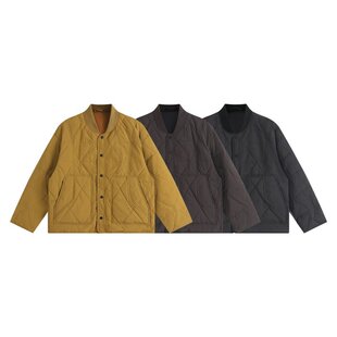 日式棒球领菱形格轻薄黄色羽绒服
