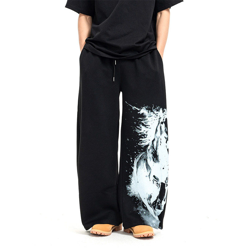 美式街头男裤印花设计感宽松运动卫裤弯刀休闲裤爵士阔腿长裤子男