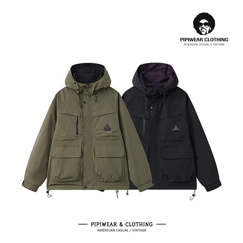 春季日系连帽双面穿冲锋衣男外套2026新款春天拼接多口袋工装夹克