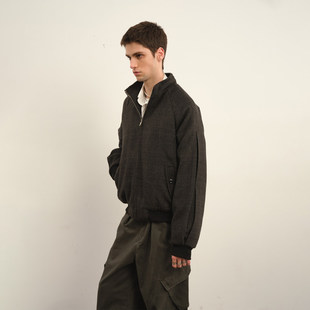 冬天日系复古男士简约格子立领短款夹克冬季毛呢工装加厚保暖外套