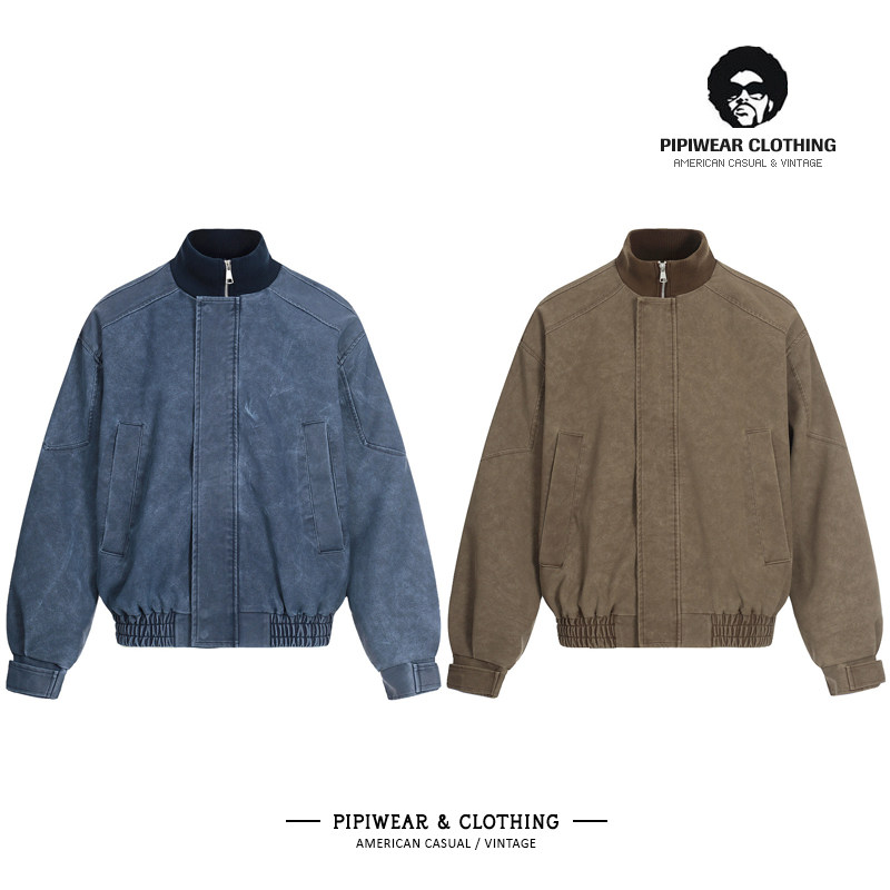 2026春天新款水洗做旧PU皮坑条立领工装美式短款夹克春季宽松外套,男装,夹克,淘宝优惠券,粉丝福利购,淘宝优惠卷