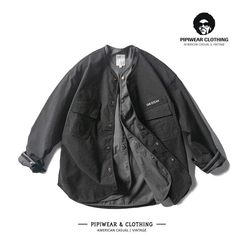 日系复古外穿廓形无领外套男春天不规则日式工装夹克叠穿衣服男装