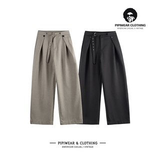 新款老钱风男裤垂感亚麻高级感休闲裤纯色高腰长裤复古阔腿裤子男