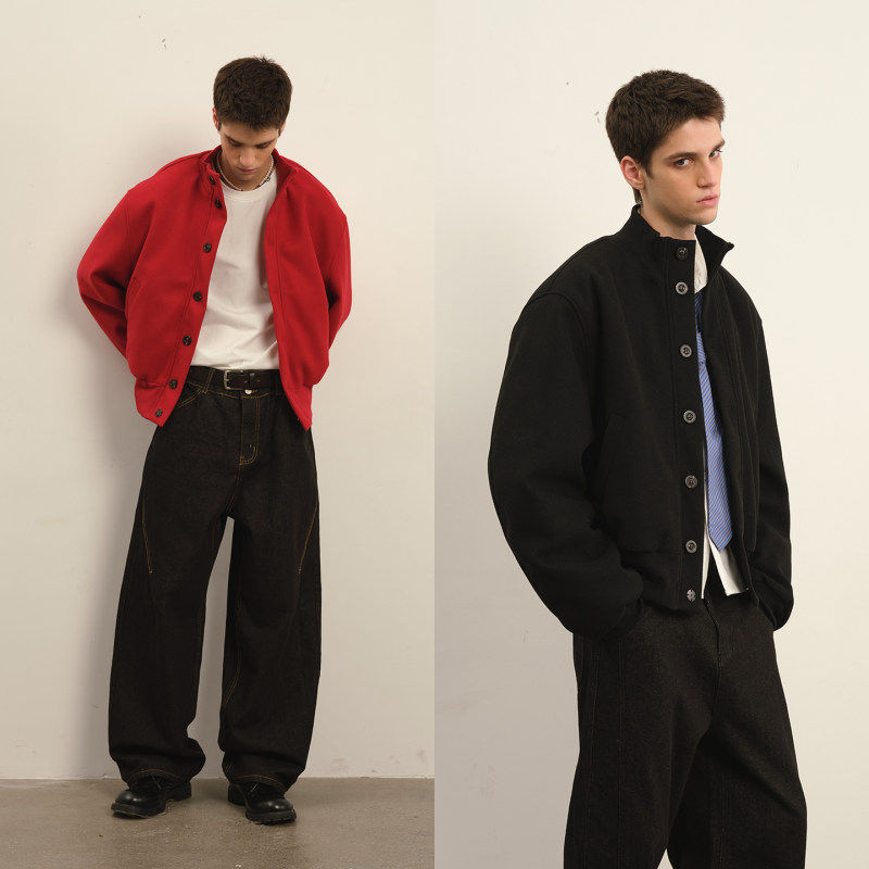 冬天美式飞行员夹克棉服男纯色毛呢立领棉衣外套冬季潮流百搭棉袄