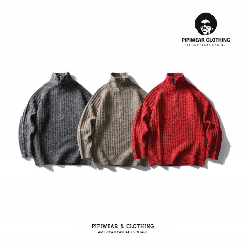 秋冬季潮流半拉链高领红毛衣男士宽松打底针织衫早秋宽松休闲线衫