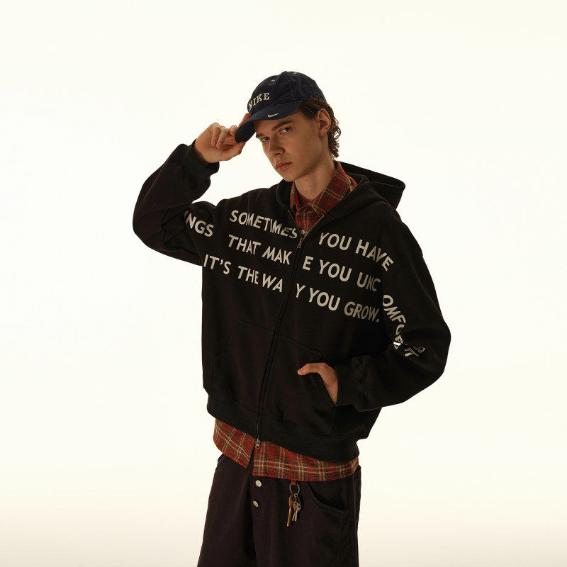 新款秋季400G重磅美式字母印花开衫连帽拉链卫衣潮男短款帽衫外套