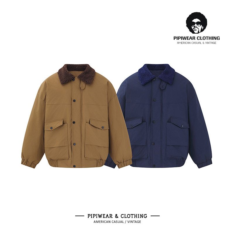 工装棉服摇粒绒拼接翻领棉衣外套