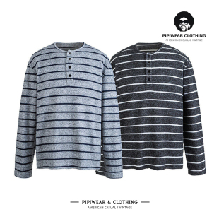 春季日系复古亨利领条纹长袖T恤男士春天新款软糯休闲打底套头衫