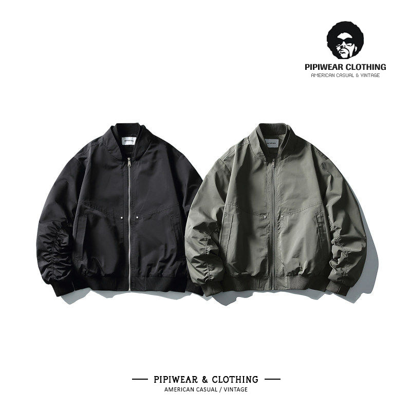 春季日系棒球立领工装飞行夹克春天抽皱袖设计感ins超火男士外套