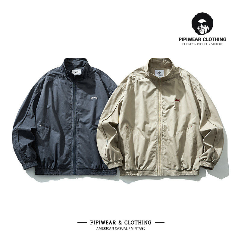 运动立领男士春季薄款夹克美式复古刺绣工装春天防风宽松休闲外套