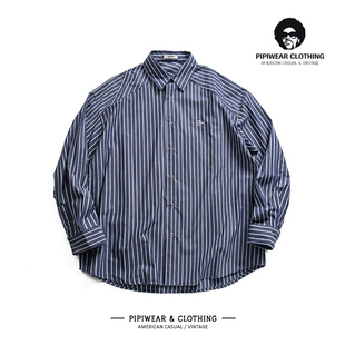 2025秋天竖条纹蓝色衬衫男日系宽松百搭翻领衬衣秋季刺绣休闲寸衫