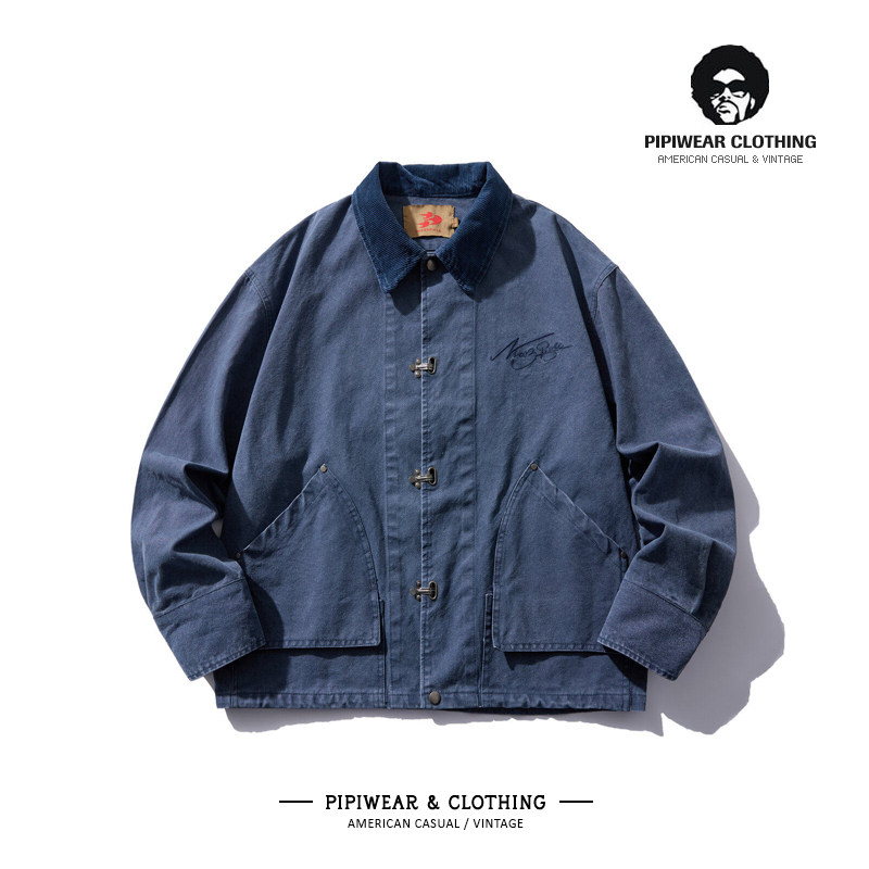 水洗重工帆布春季外套男士潮牌复古刺绣金属扣灯芯绒翻领春天夹克