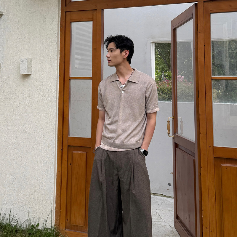 羊毛针织短袖polo衫格纹拼接t恤