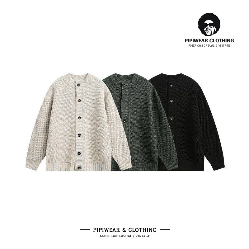 秋冬季美式休闲单排扣开衫毛衣男潮高级感复古针织衫早秋宽松线衫