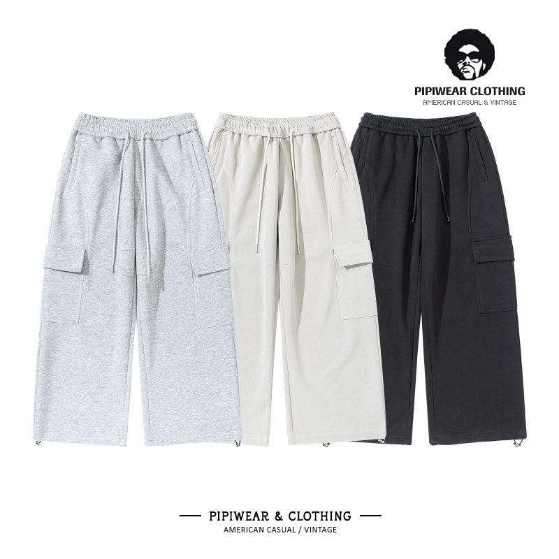日系复古灰色卫裤子男直筒阔腿休闲裤多口袋运动长裤抽绳束脚男裤