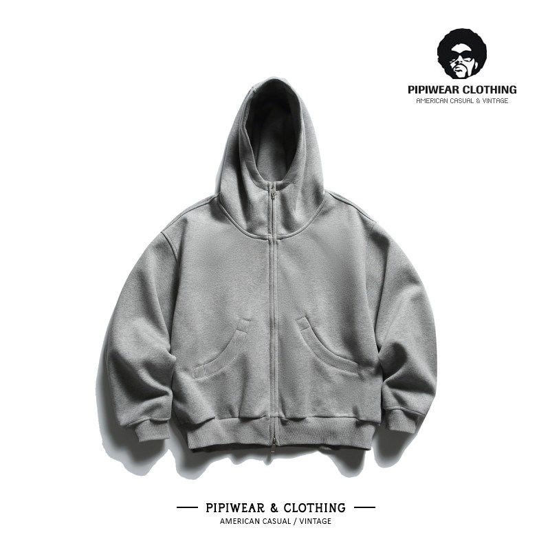 2025日系新款450g重磅连帽开衫卫衣男士宽松休闲百搭灰色短款帽衫