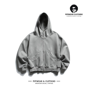 2025日系新款450g重磅连帽开衫卫衣男士宽松休闲百搭灰色短款帽衫