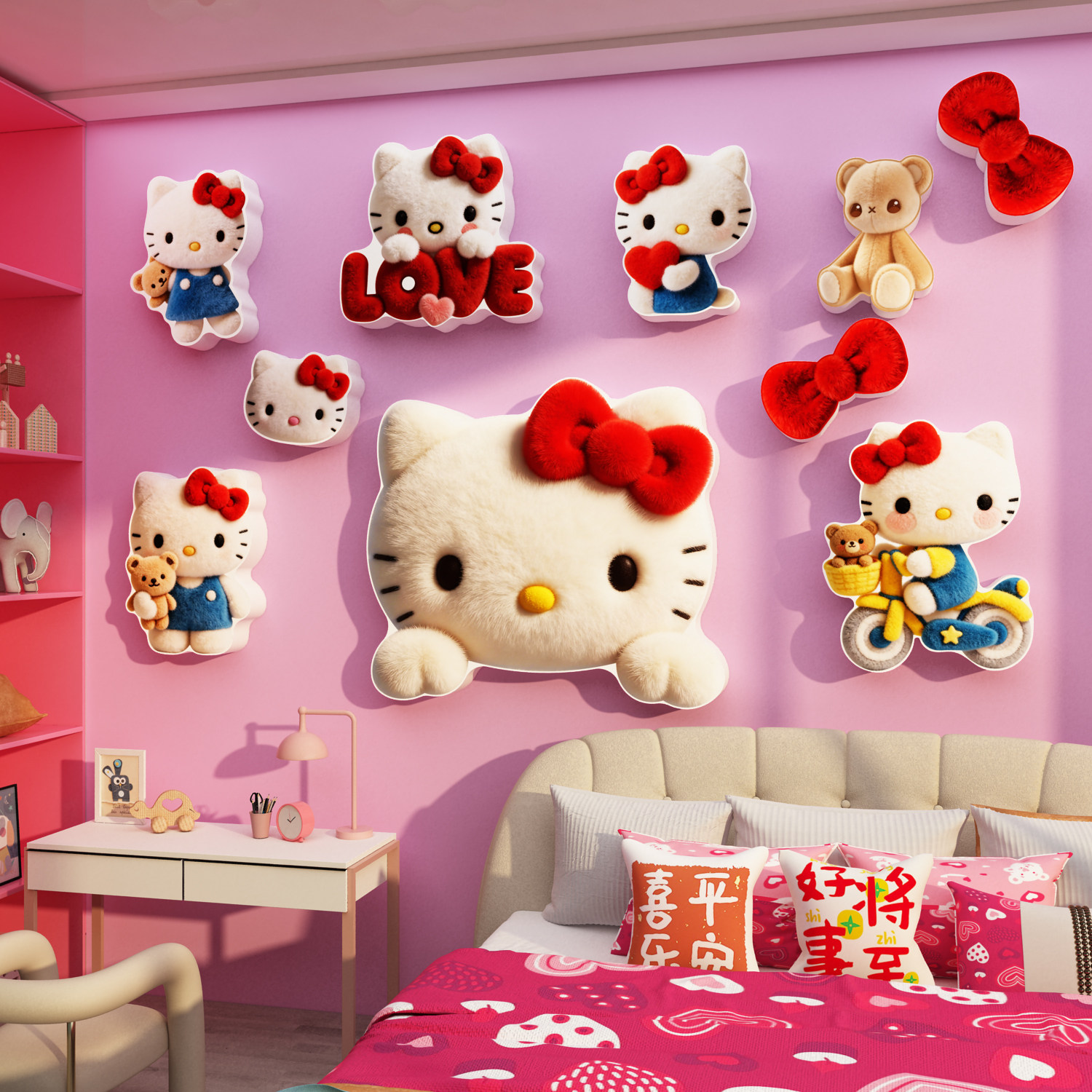 hellokitty猫卧室装饰房间布置少女公主儿童床头背景墙面贴纸挂画