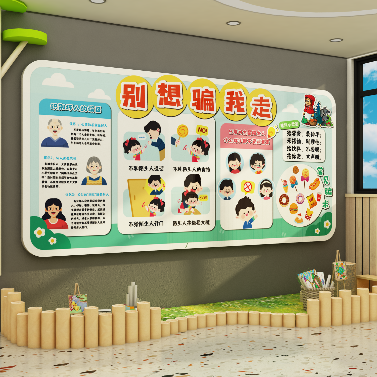 幼儿园环创主题文化防诈骗走廊楼梯背景墙面装饰画班级别想骗我走