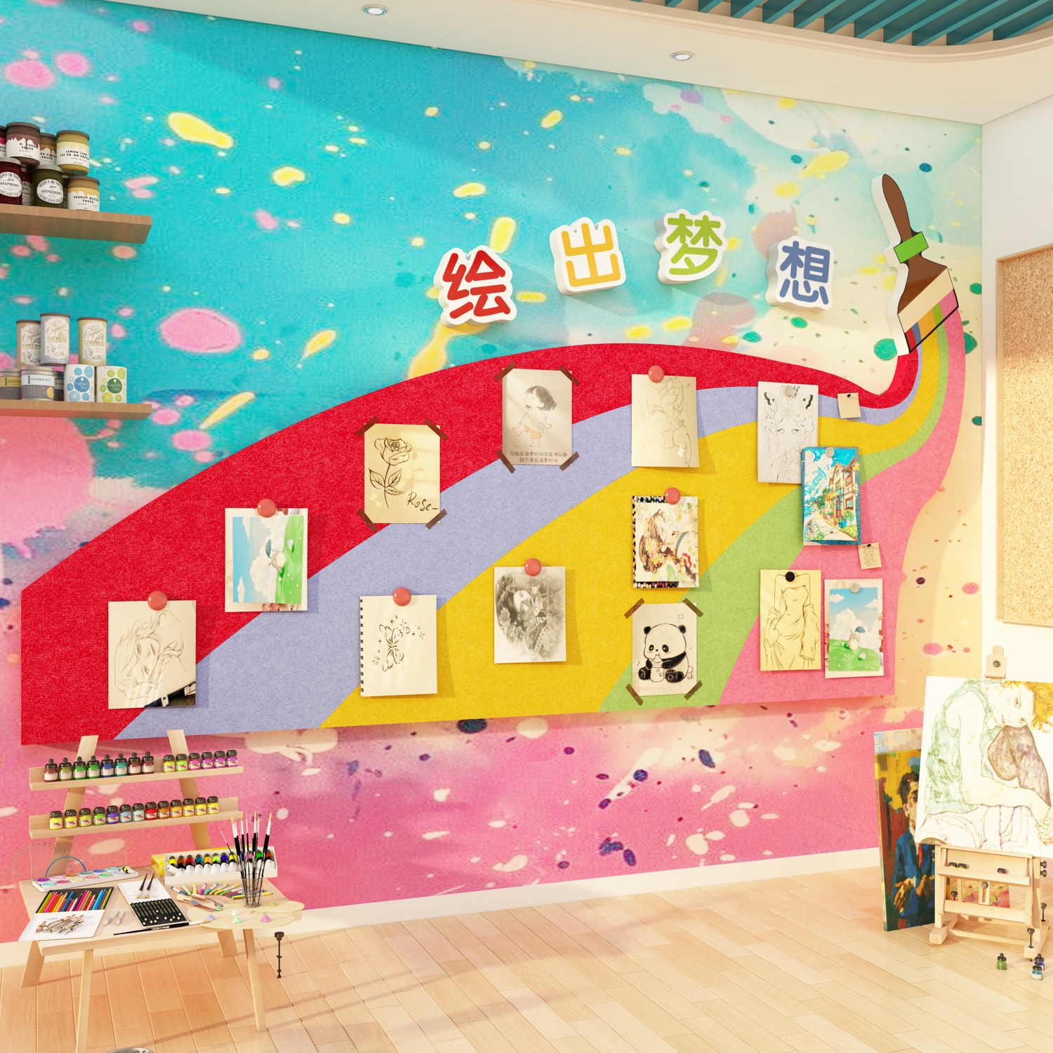 画室布置美术室毛毡板作品展示墙