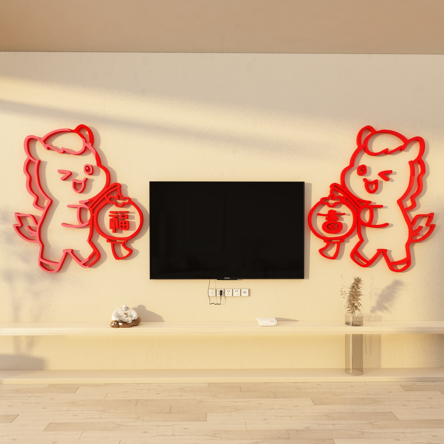 2026马新过年装饰品氛围电视机背景墙面装饰布置贴纸春节造景福字