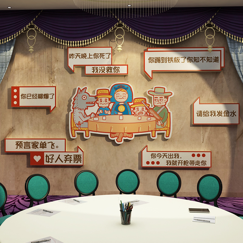 网红剧本杀店装饰品狼人杀桌游背景墙面贴纸环境挂画打卡场景布置
