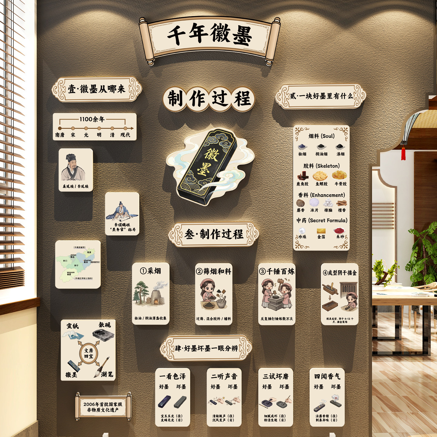 徽墨非遗文化墙面贴装饰幼儿园书法教室环创制墨流程工坊打卡布置