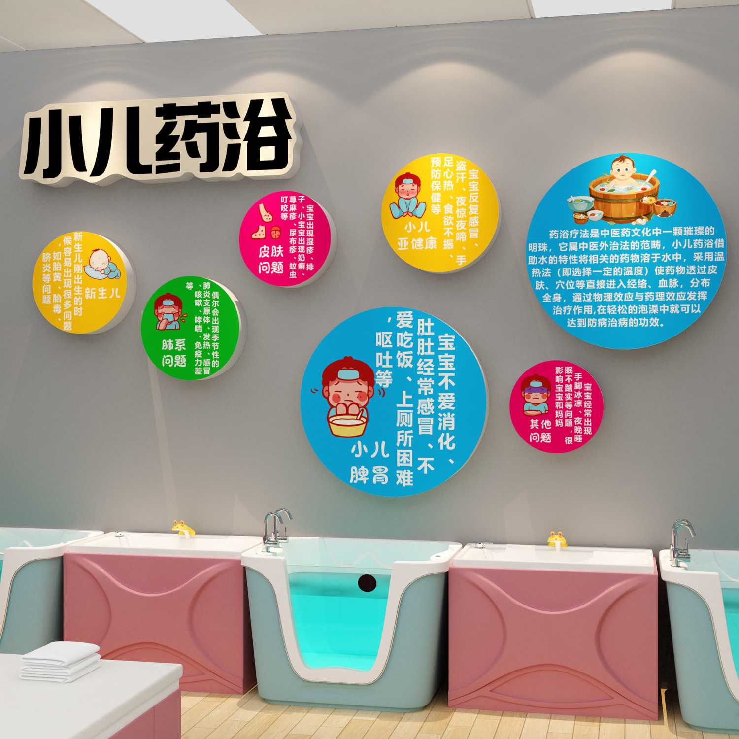 小儿药浴店墙面装饰宣传挂画推拿海报布置中医科母婴文化背景贴纸