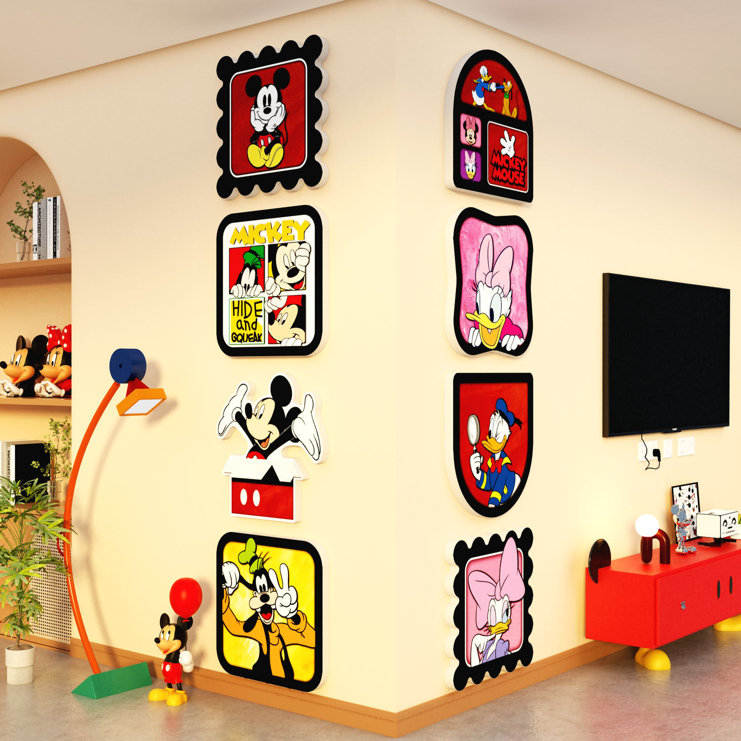 多巴胺米奇入户电梯门装饰创意电视机背景墙面壁纸卡通客厅挂画件