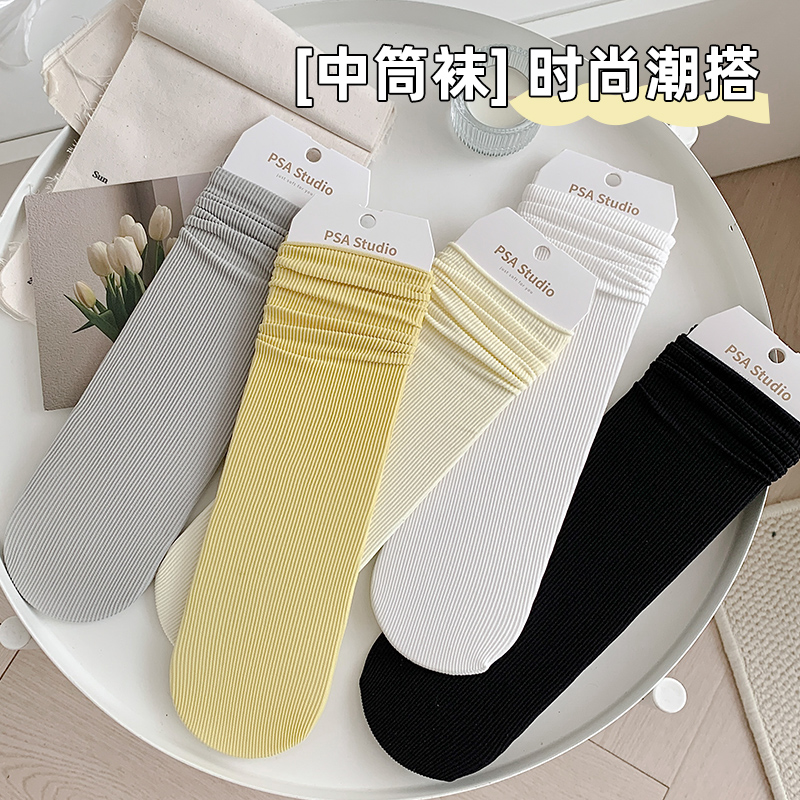 吸湿排汗女士锦纶弹力卷边中筒袜