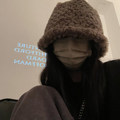 TUshu 适合圆脸 颗粒绒绒渔夫帽子女秋冬百搭显脸小盆帽保暖护耳