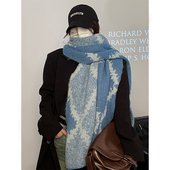 TUshu 水蓝色气质拼色波纹围巾～秋冬软糯围巾女保暖防寒护颈围脖