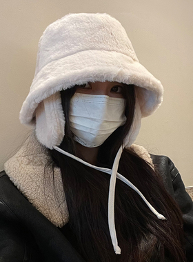 TUshu/毛绒绒护耳系带款～ins渔夫帽子女秋冬保暖防寒显脸小盆帽