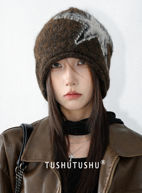 TUshu/星星复古酷感～大版拉毛包头帽子女秋冬保暖护耳堆堆帽冷帽