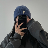 TUshu P字母毛线帽秋冬保暖百搭护耳针织帽子男女情侣韩版 素颜帽