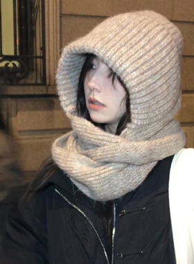 TUshu/加绒款燕麦可可温暖感～冬季帽子围脖一体雷锋帽保暖套头帽