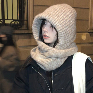 帽子围脖一体雷锋帽保暖套头帽 燕麦可可温暖感～冬季 TUshu 加绒款