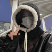 TUshu ins韩系时髦气质百搭拉法帽女秋冬保暖护耳一体套头帽围脖