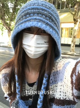 TUshu/冰岛蓝复古慵懒感～秋冬针织帽雷锋帽显脸小保暖护耳毛线帽