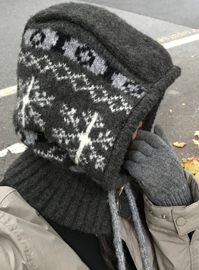 TUshu/雪花费尔岛～冬季含羊毛复古拉法帽保暖护耳雷锋帽套头帽潮