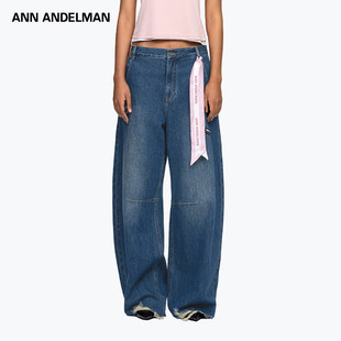 休闲长裤 复古破洞做旧阔腿弯刀牛仔裤 李沁同款