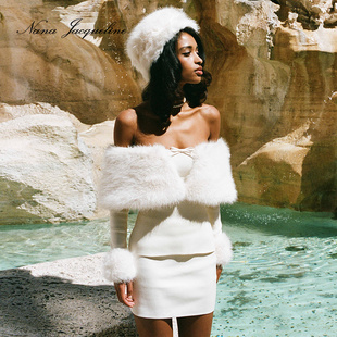 【刘亦菲同款】NanaJacqueline环保皮草一字肩毛领针织套装女新款