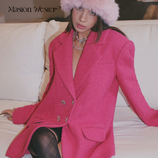 MasionWester秋冬新款 玫红色羊毛小香风宽松版 双排扣西服外套 女装