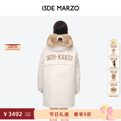 13DE MARZO男女同款 玩偶毛领派克服外套休闲保暖中长款羽绒服