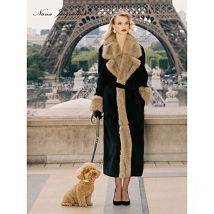 NanaJacqueline冬季新款羊驼毛系带毛领大衣女浴袍式轻奢毛呢外套