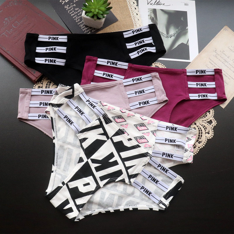 纯棉内裤女欧美风纯棉字母细带镂空低腰舒适透气三角裤PINK包臀