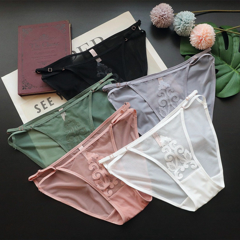 夏季内裤女低腰三角裤网纱透气透明女士三角裤纯欲绣花透视小短裤