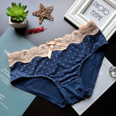 日系圆点印花女士内裤女冰丝款蕾丝花边少女可爱低腰平角裤少妇裤
