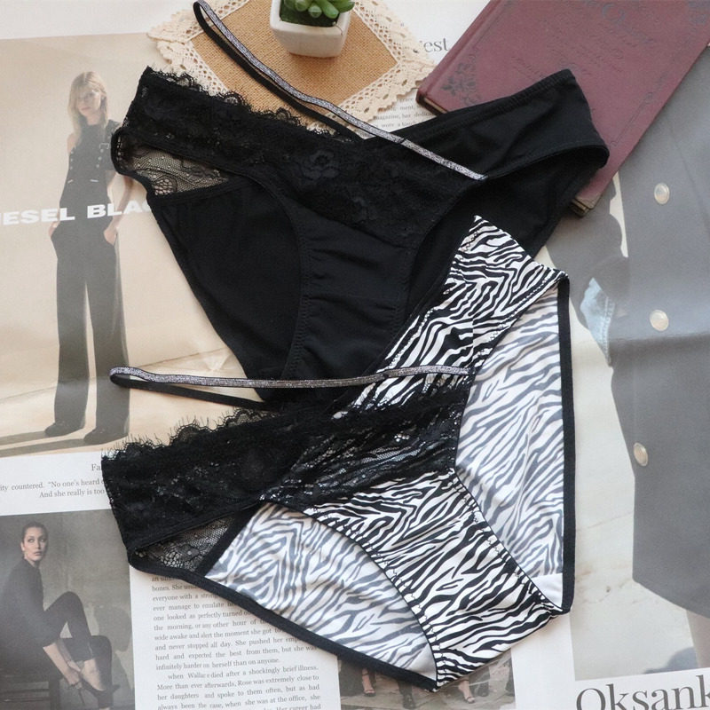 品质内裤女性感细带黑白斑马纹蕾丝镂空低腰冰丝纯欲三角裤纯棉档