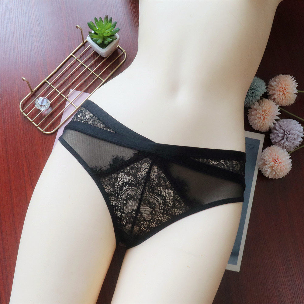 欧美交叉设计网纱拼接蕾丝内裤女性感低腰透气速干女式三角裤女生